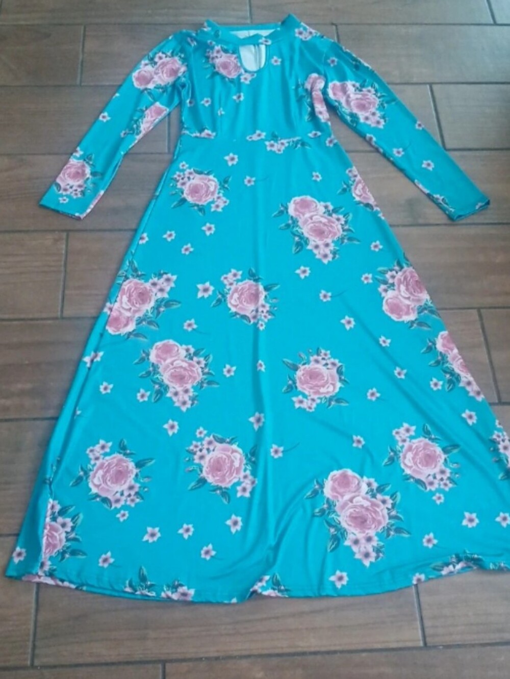 Floral Long Sleeve Teal Maxi Dress with Pink Rose Print